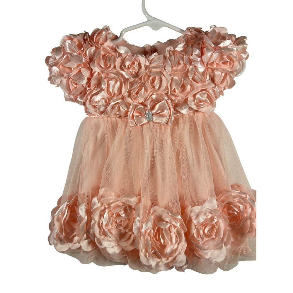 Unbranded 3D Rosette Tulle Dress 12M Pink Floral Bow Special Occasion Baby Girl